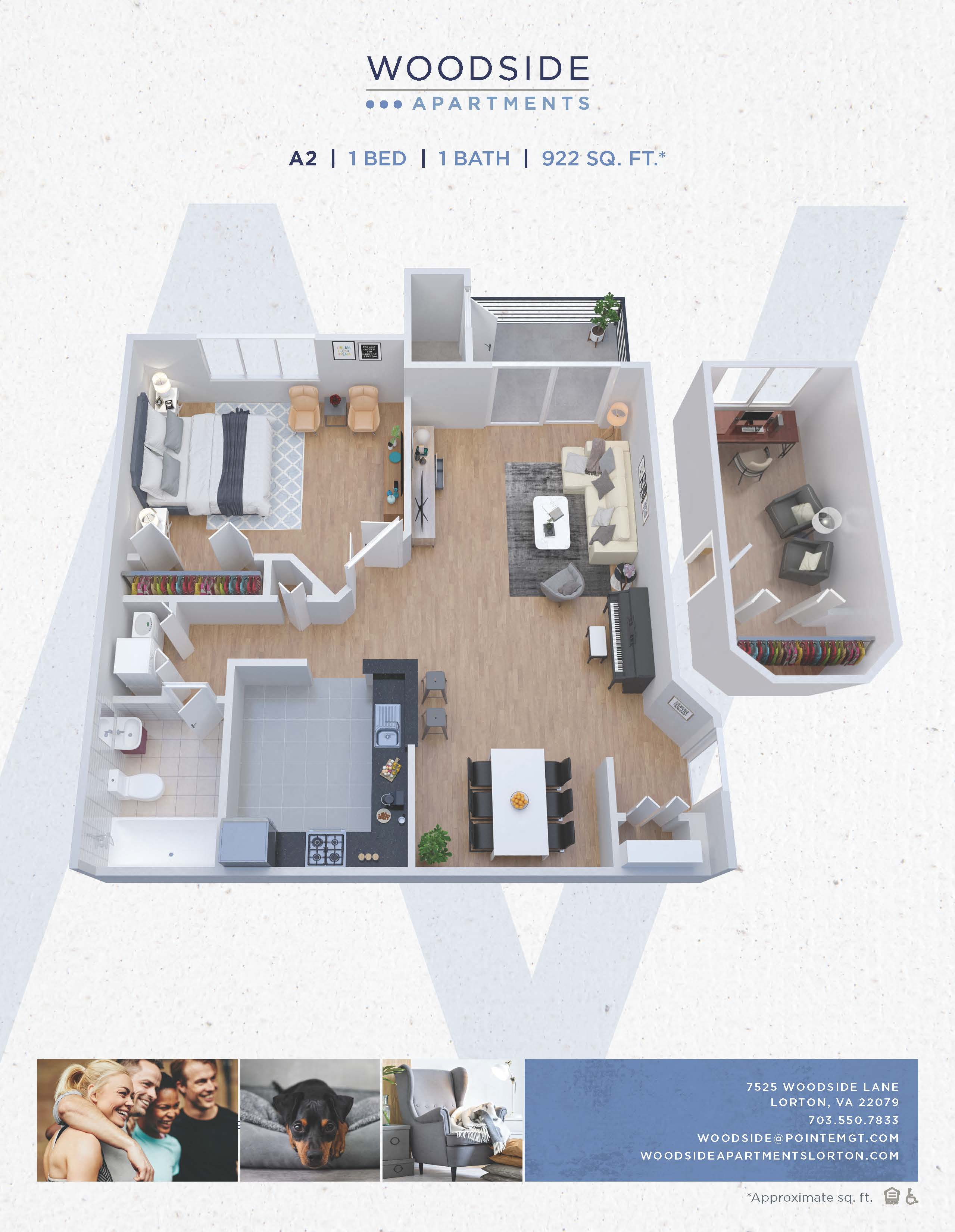 Floor plan for 1 bed, 1 bath, 922 sqft